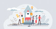 © VectorMine - Startup and new innovative business project launch tiny person concept. Company with idea and funding for fast development and product breakthrough vector illustration. Cooperative innovation team.