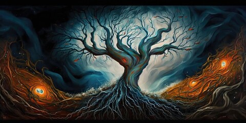 Wall Mural - Scary scenery of leafless haunted grim tree. superlative generative AI image.