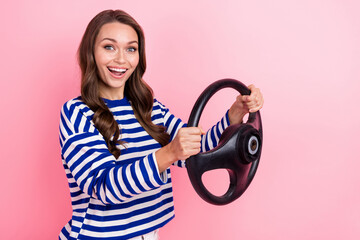 Sticker - Photo of beautiful young lady wear striped blue shirt hold steering wheel audi new insurance rent cars isolated on pink color background