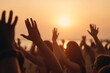 © M2L - Cheering crowd with hands in the air, summer vacation image, Bokeh People have fun at sunset on a beach, Generative AI