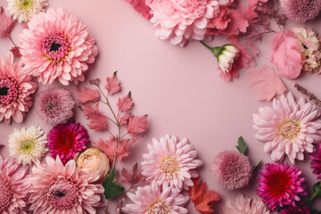 Top view image of pink flowers composition over pastel background, Generative AI