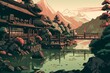 High-quality illustration of a peaceful Japanese landscape with a lo-fi aesthetic. Generative AI