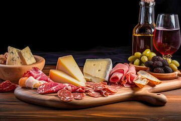 Charcuterie and cheeses in a wood board with a glass of wine and Mediterranean snacks. Tasting of typical appetizers of Spanish and Italian gastronomy with dark background. Generative AI.