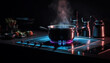 Glowing stove top heats organic vegetable soup generated by AI