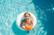 © ADDICTIVE STOCK - From above view of Generative AI illustration of cheerful blond haired girl in swimsuit swimming in pool with white inflatable ring on sunny summer weekend looking at camera