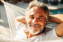 Close Up Of Generative AI Illustration Of Happy Elderly Bearded Gray Haired Male Lying On Hammock With Hands Behind Head While Resting On Summer Sunny Day