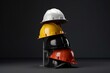 3D illustration of stacked safety hard hats on grey background with copy space. Generative AI