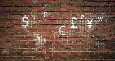 Wall Mural - International currency sign print screen on brick wall include dollar pound sterling euro yen ruble rupee franc won renminbi and lira for forex investment and money transfer concept.