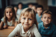 © ADDICTIVE STOCK - Generative AI illustration of cute smiling fair haired schoolgirl sitting with hands folded on desk near classmates in classroom and looking at camera