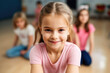 © ADDICTIVE STOCK - Generative AI illustration of adorable smiling schoolgirl in pink t shirt sitting on floor in gym during physical education class against blurred background