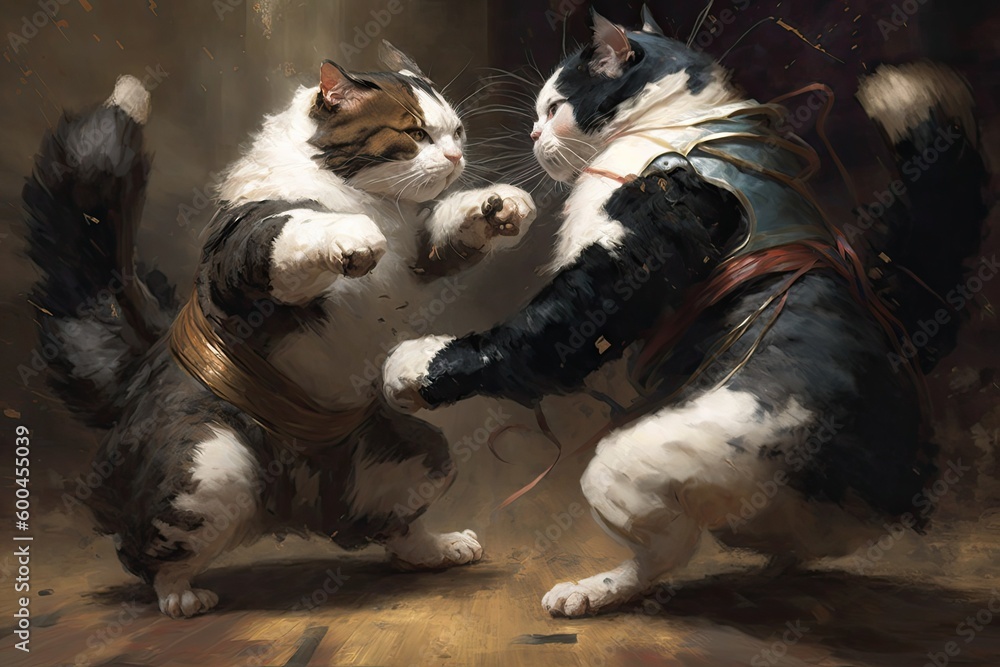 Furious fluffy cats in fighting in the boxing stadium, theme of vintage ...