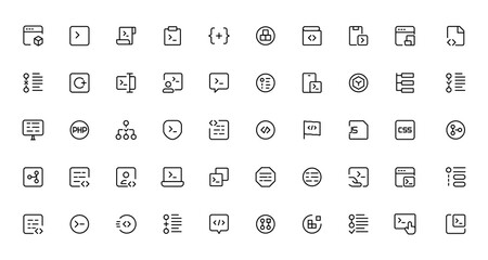 Developer icon set. Included the icons as code, programmer coding, mobile app, api, node connect, flow, logic, web coder, bug fix