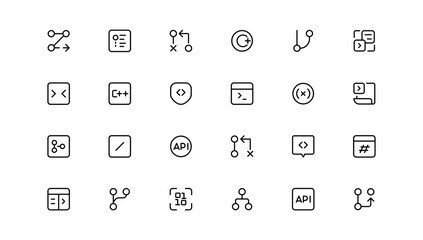 Developer icon set. Included the icons as code, programmer coding, mobile app, api, node connect, flow, logic, web coder, bug fix