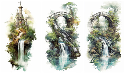 Wall Mural - Watercolour fantasy landscape, tiny rocky island, waterfall, rural stairs, wonky house, oak tree and mystique bridge. Greeting cards and envelopes artwork project set 6.