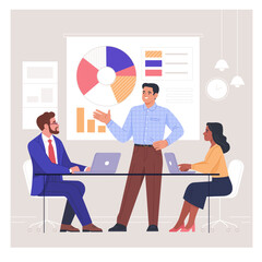 Wall Mural - Business Meeting. Vector cartoon illustration in a flat style of three diverse people leading a discussion at a table near a whiteboard with charts and graphs. Isolated on background