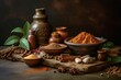 Ingredients used to make ayurvedic henna cream, such as henna powder, essential oils, and herbs, natural and organic ingredients. Generative AI