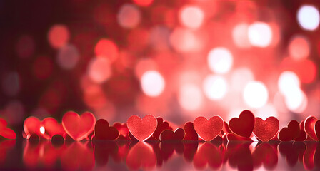 Wall Mural - Romantic creative valentine's day red background with sparkling bokeh hearts. Generative AI.