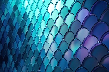 Smooth and iridescent wall with fish scale tiles and futuristic. Cyan and Magenta fish scale tiles. Generative AI.