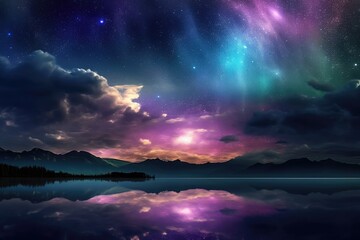 Wall Mural - Night galaxy sky over the lake. Generative AI.