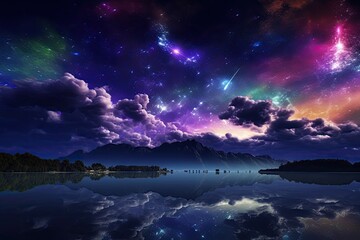 Wall Mural - Night galaxy sky over the lake. Generative AI.