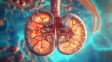 Human Kidney Cross Section On Scientific Background. 3d Illustration. Kidney Disease Medical Issues. Generative Ai