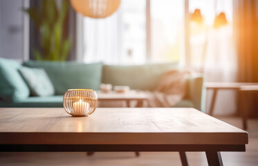 Empty wooden table for product display montage against blurred cozy modern living room background. Generative AI.