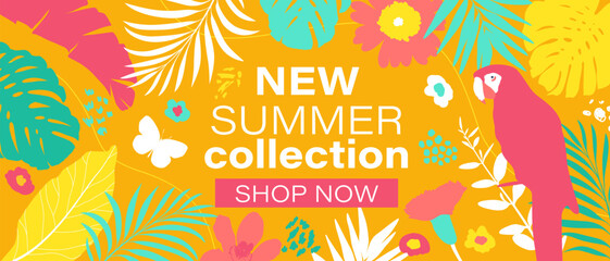 Summer shop promotion colorful background. Exotic leaves, flowers, parrot. Frame with place for text.