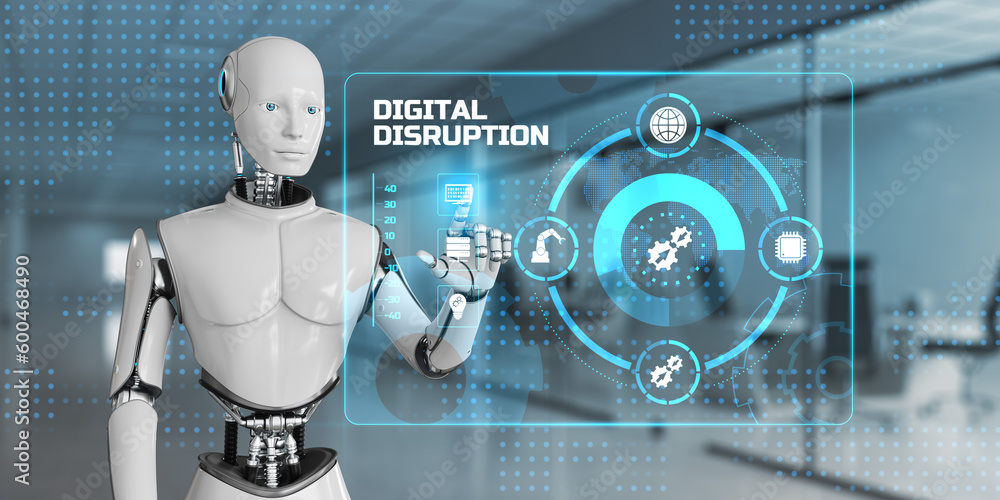 Digital disruption transformation disruptive innovation concept. Robot ...