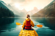 woman kayaking in lake with mountain landscape. generative AI.