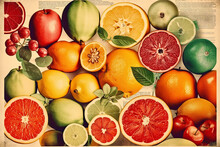 Fresh Citrus Fruits. Orange, Lemon, Grapefruit. Vintage 60s Style Food Background. Generative AI