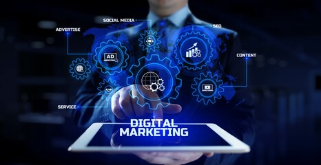 Wall Mural - DIgital marketing online internet SEO SEM SMM. Businessman pressing button on screen.