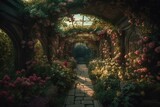 Fototapeta Uliczki - A surreal garden filled with flower arches and flourishing foliage, reminiscent of a fantastical wonderland. Generative AI