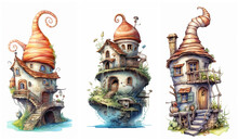 Watercolour Fantasy Landscape, Tiny Rocky Island, Rural Wonky House With A Snail Shell Roof. Greeting Cards And Envelopes Artwork Project Set 9.