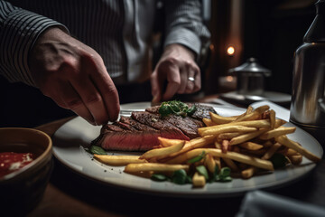 Wall Mural - Savoring Parisian Culinary Excellence: In this captivating scene, a Parisian chef proudly presents a meticulously crafted platter of steak frites, the iconic classic dish of Paris