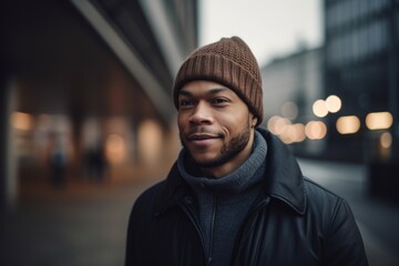 Wall Mural - Lifestyle portrait photography of a pleased man in his 30s wearing a warm beanie or knit hat against a modern architectural background. Generative AI