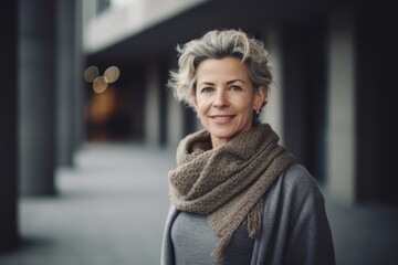 Wall Mural - Portrait of a beautiful middle-aged woman in a gray coat and a scarf.