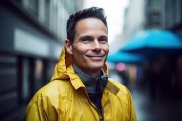 Wall Mural - Portrait of handsome man in yellow raincoat looking at camera.