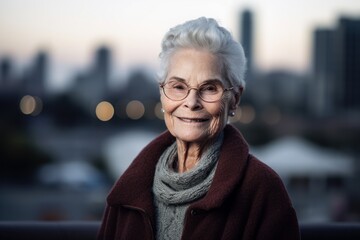 Canvas Print - Portrait of a smiling senior woman wearing glasses and a warm coat