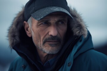 Wall Mural - Portrait of an old man in a winter jacket and cap.