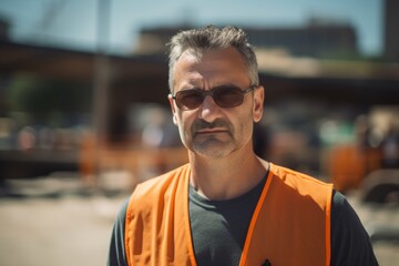 Canvas Print - Portrait of mature worker wearing safety vest and sunglasses on construction site