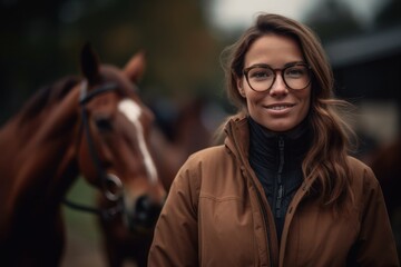 Sticker - Portrait of a beautiful young woman in a brown coat with a horse.