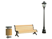 Park Bench, Street Lamp And Trash Can 3d Illustration