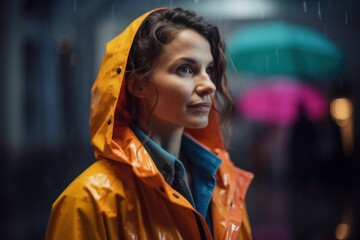 Canvas Print - Portrait of a beautiful young woman in raincoat and raincoat