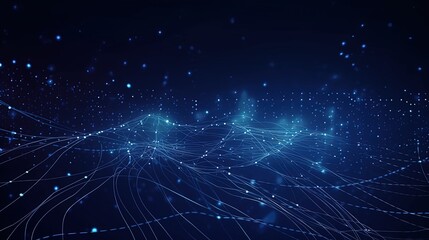 Dark blue futuristic background with particle light, big data, binary number, internet and network. Generative AI