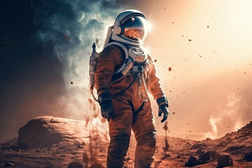 Wall Mural - beautiful astronaut stand in in a desert on a different planet. generative ai