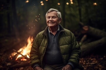 Canvas Print - Portrait of an elderly man sitting by the fire in the forest