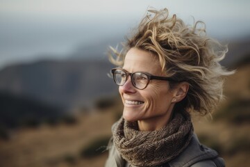 Poster - Portrait of a smiling woman in eyeglasses with hair blowing in the wind