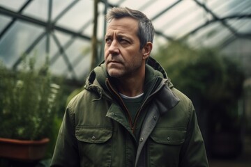 Wall Mural - Portrait of a mature man in a green jacket in a greenhouse