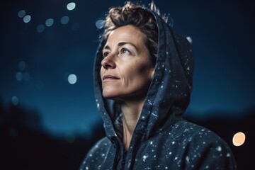 Portrait of a beautiful middle-aged woman in a hood at night