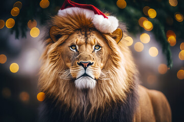 Wall Mural - Lion with santa hat on it's head looking at the camera. Generative AI.